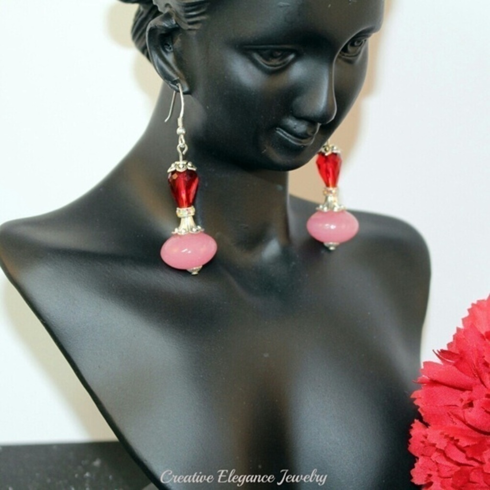 Beaded Pink and Red Drop Earrings